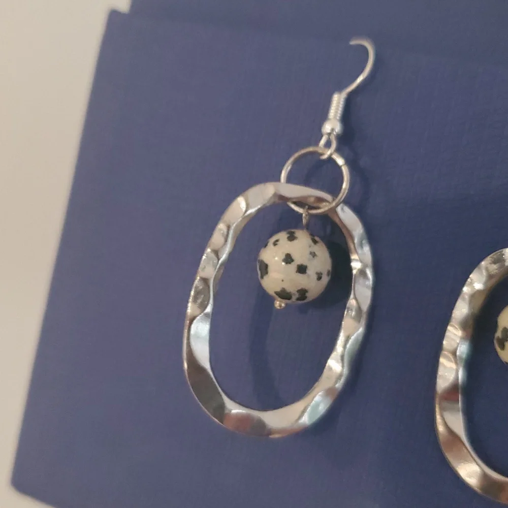 Silver-tone and Black Dangle Earrings, Hammered / Textured
